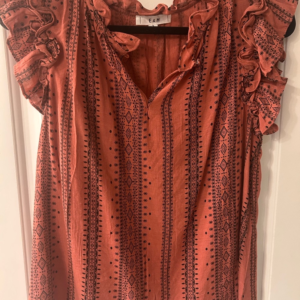 Women's Rust Ruffle Sleeve Printed Blouse - Picture 2 of 2